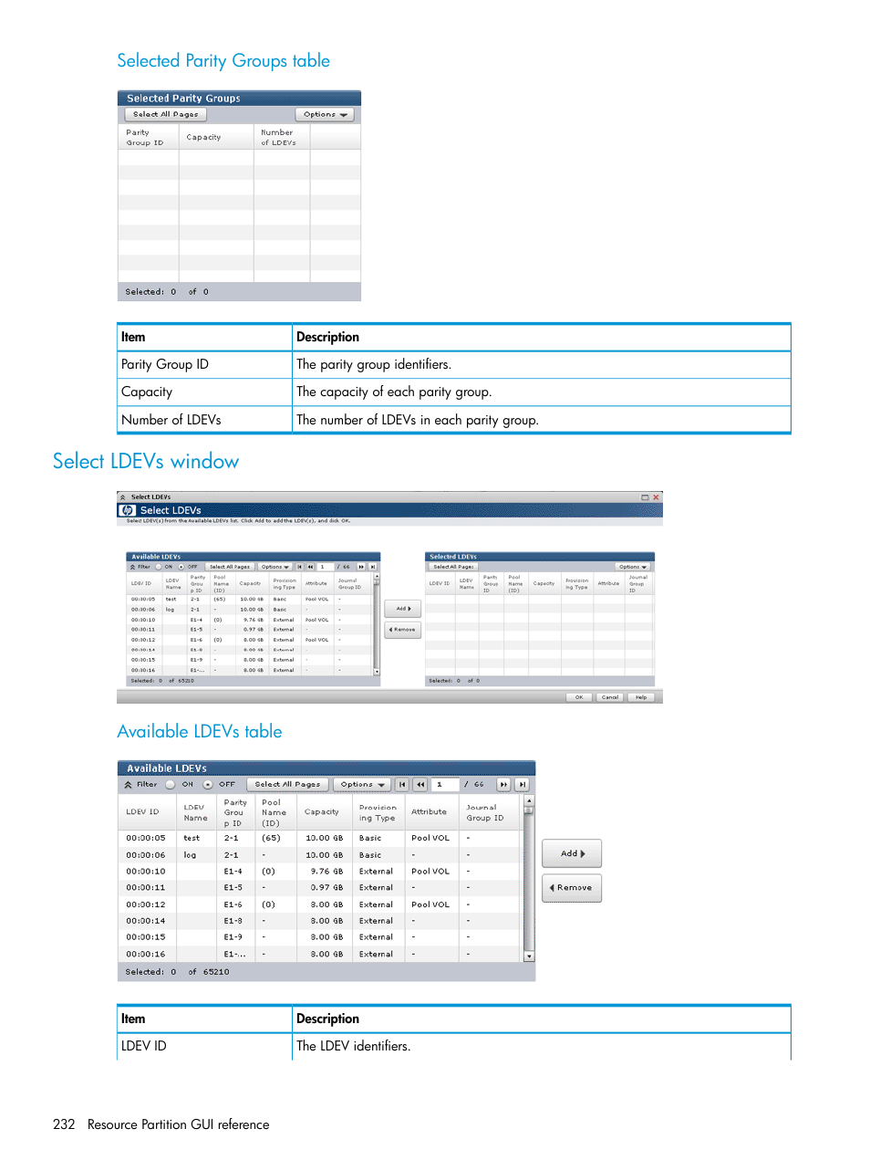 Select ldevs window, Selected parity groups table, Available ldevs table | HP XP P9500 Storage User Manual | Page 232 / 438