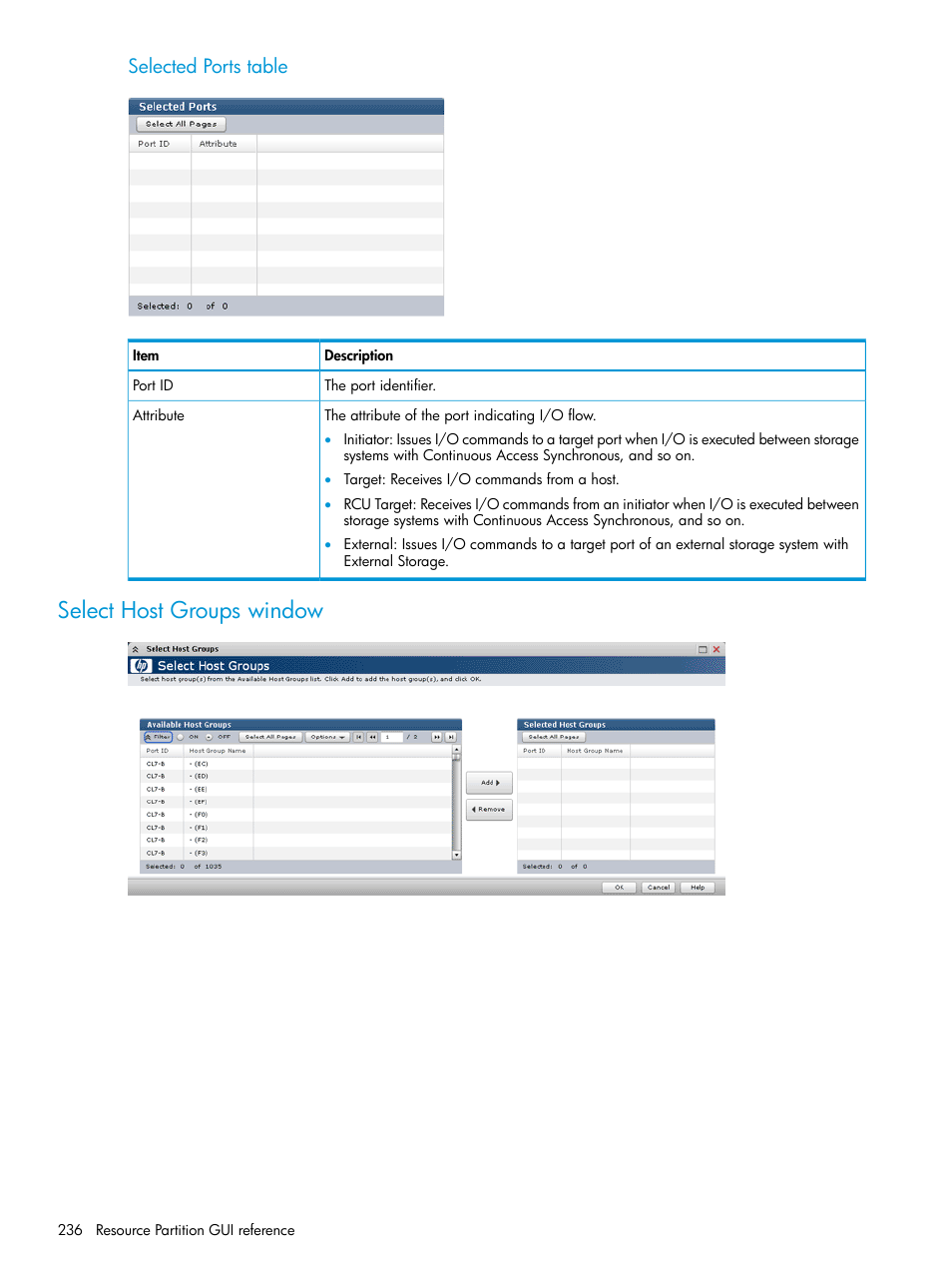 Select host groups window, Selected ports table | HP XP P9500 Storage User Manual | Page 236 / 438