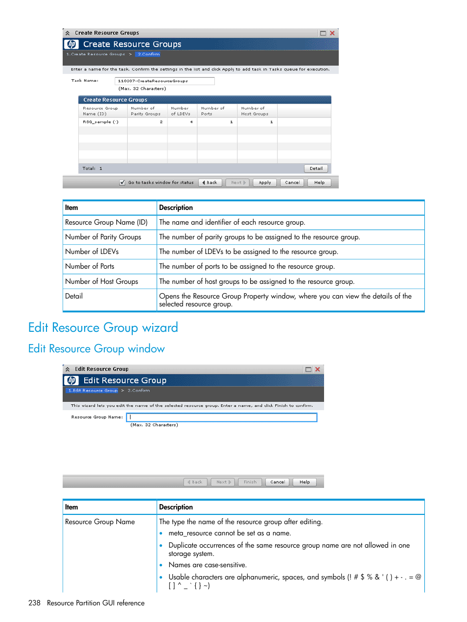 Edit resource group wizard, Edit resource group window | HP XP P9500 Storage User Manual | Page 238 / 438