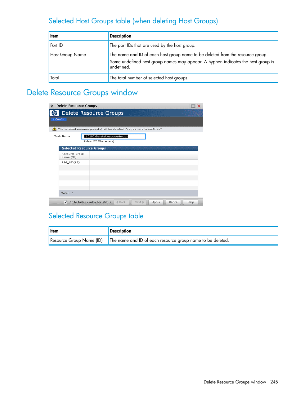 Delete resource groups window, Selected resource groups table | HP XP P9500 Storage User Manual | Page 245 / 438