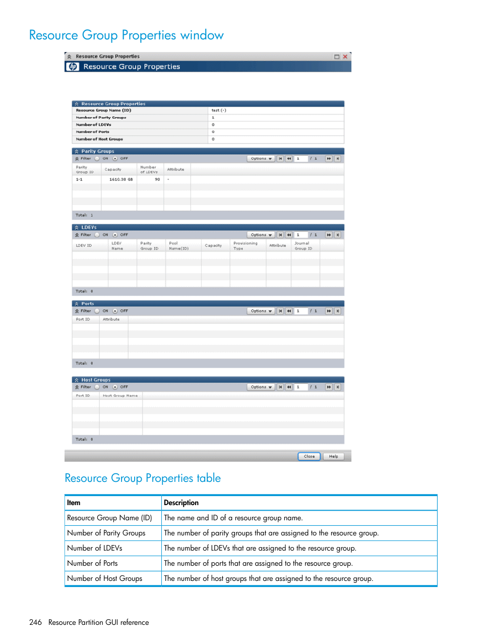 Resource group properties window, Resource group properties table | HP XP P9500 Storage User Manual | Page 246 / 438