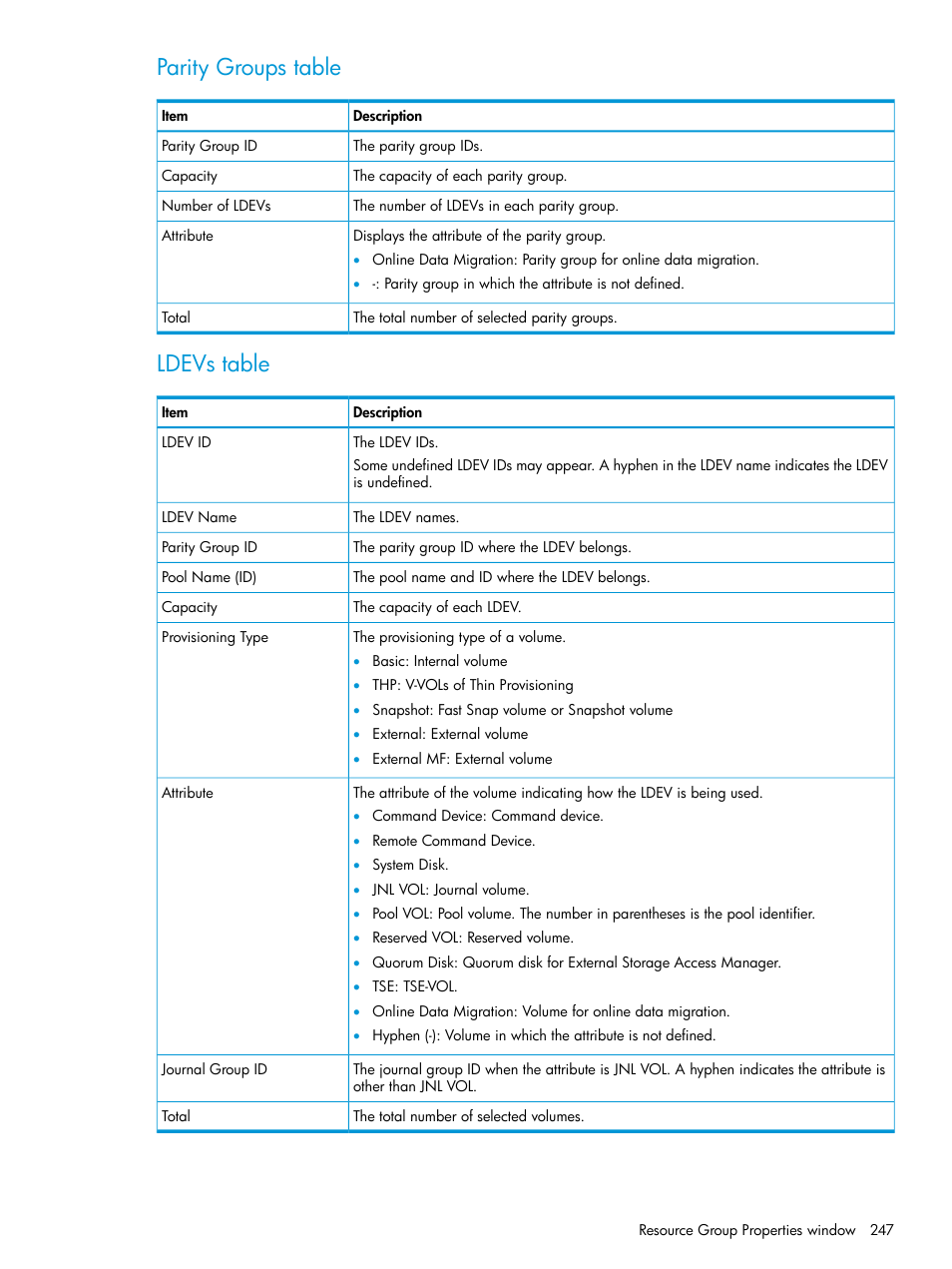 Parity groups table, Ldevs table | HP XP P9500 Storage User Manual | Page 247 / 438