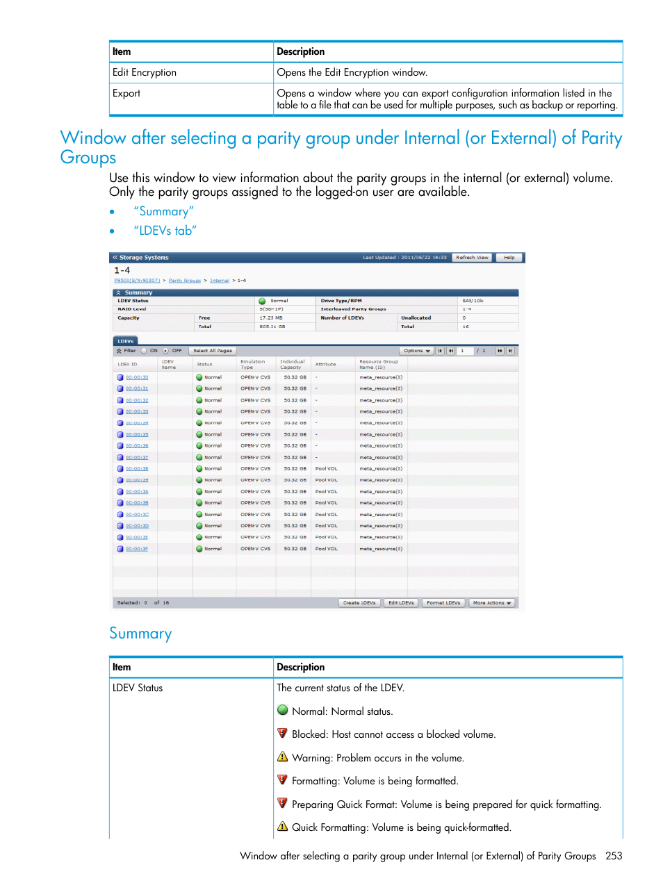 Summary | HP XP P9500 Storage User Manual | Page 253 / 438