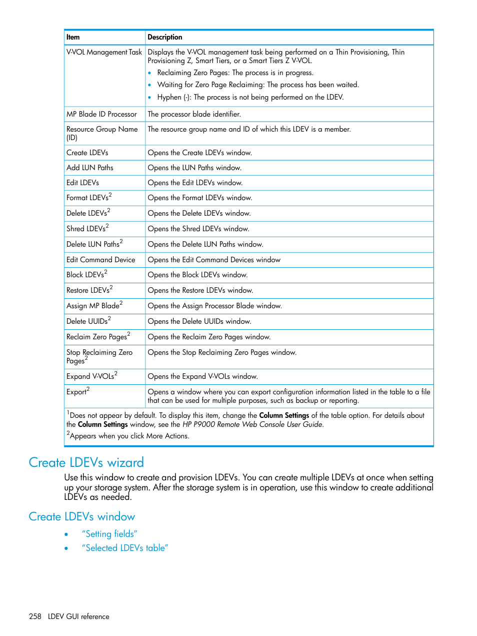 Create ldevs wizard, Create ldevs window | HP XP P9500 Storage User Manual | Page 258 / 438