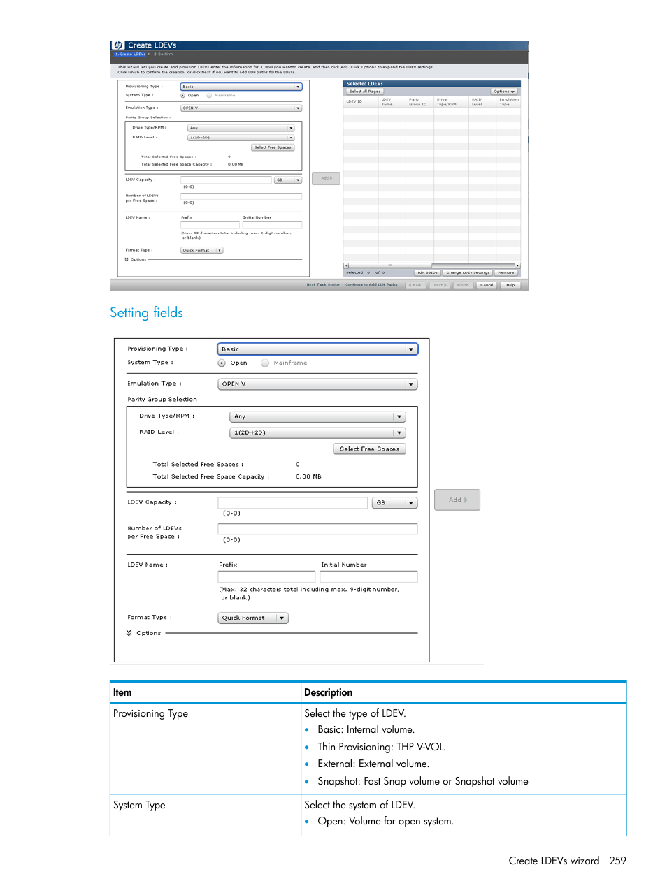 Setting fields | HP XP P9500 Storage User Manual | Page 259 / 438