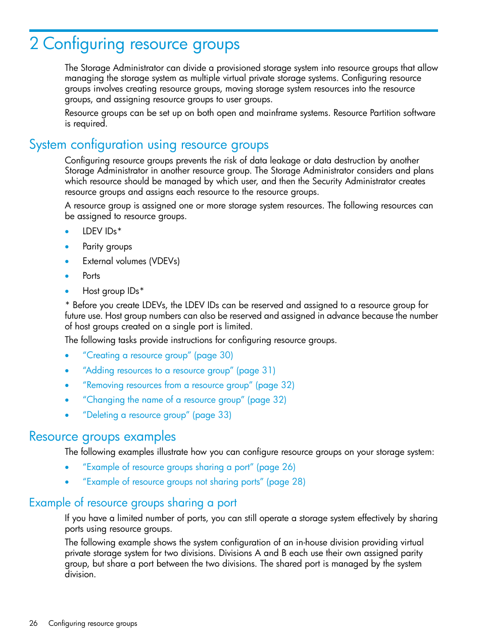 2 configuring resource groups, System configuration using resource groups, Resource groups examples | Example of resource groups sharing a port | HP XP P9500 Storage User Manual | Page 26 / 438