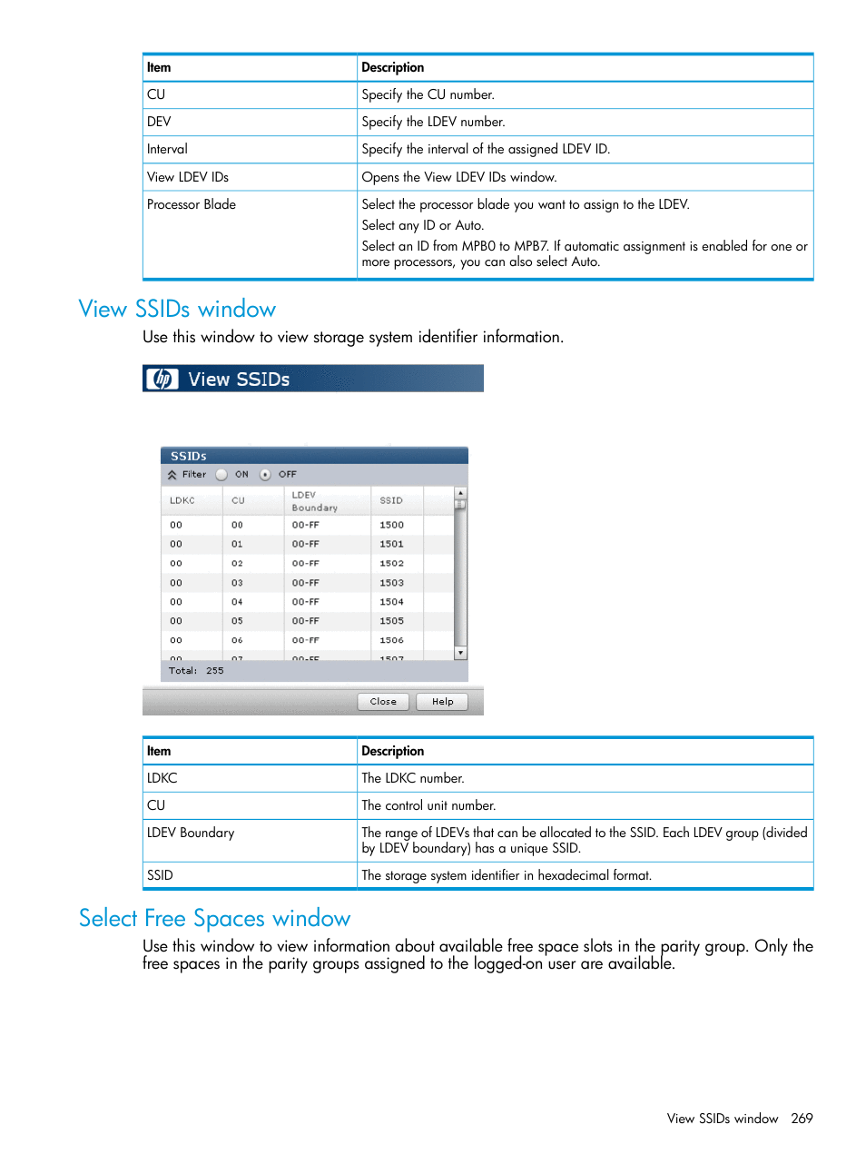 View ssids window, Select free spaces window, View ssids window select free spaces window | HP XP P9500 Storage User Manual | Page 269 / 438
