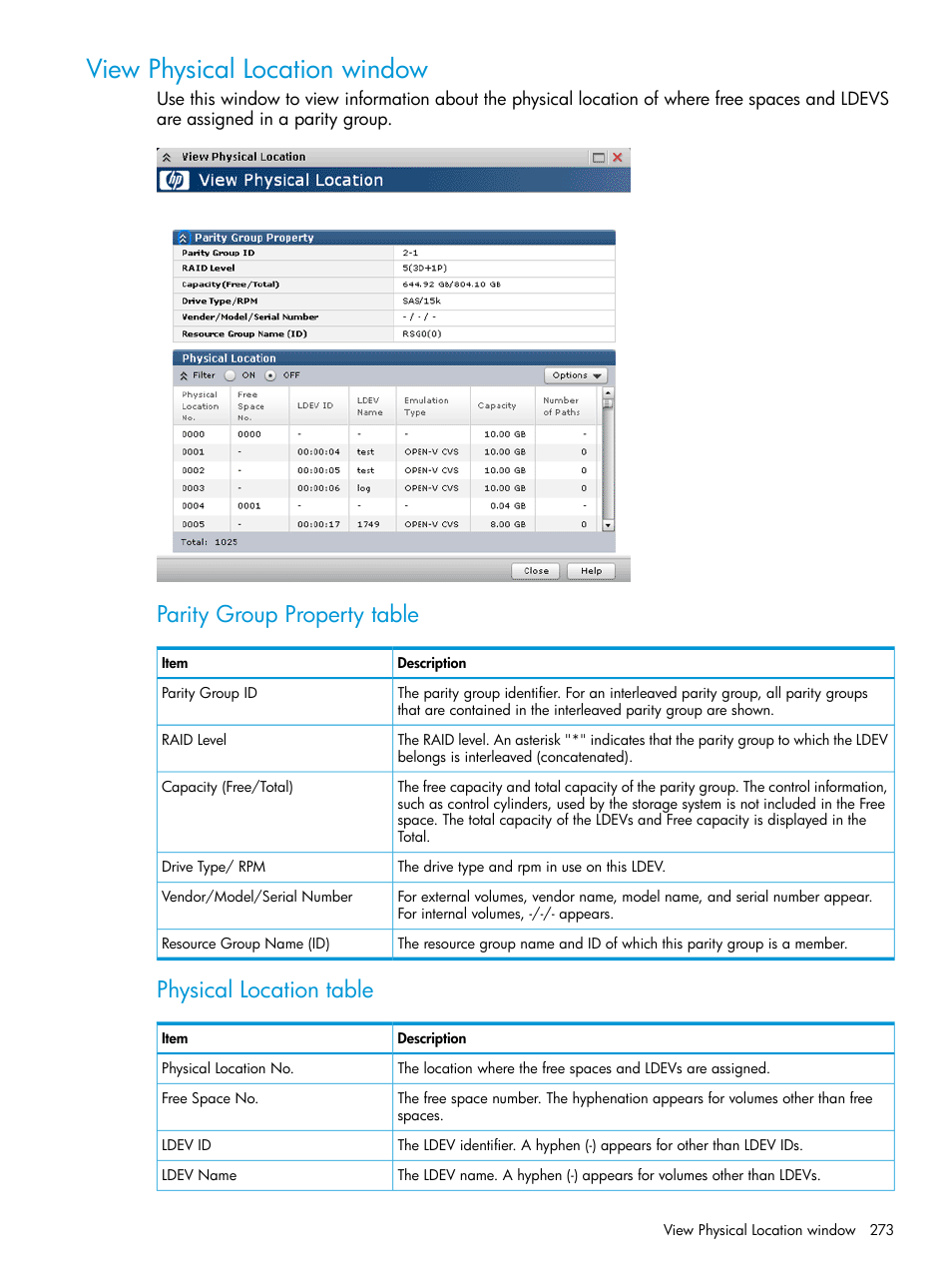 View physical location window, Parity group property table, Physical location table | HP XP P9500 Storage User Manual | Page 273 / 438