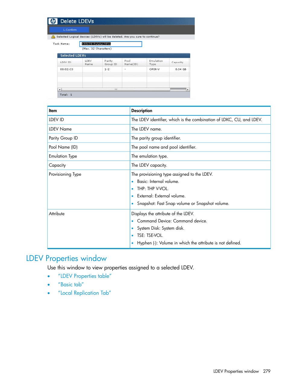 Ldev properties window | HP XP P9500 Storage User Manual | Page 279 / 438