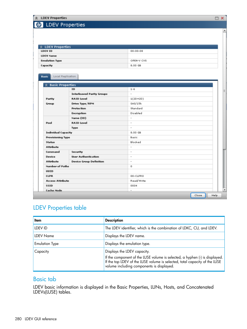 Ldev properties table, Basic tab | HP XP P9500 Storage User Manual | Page 280 / 438