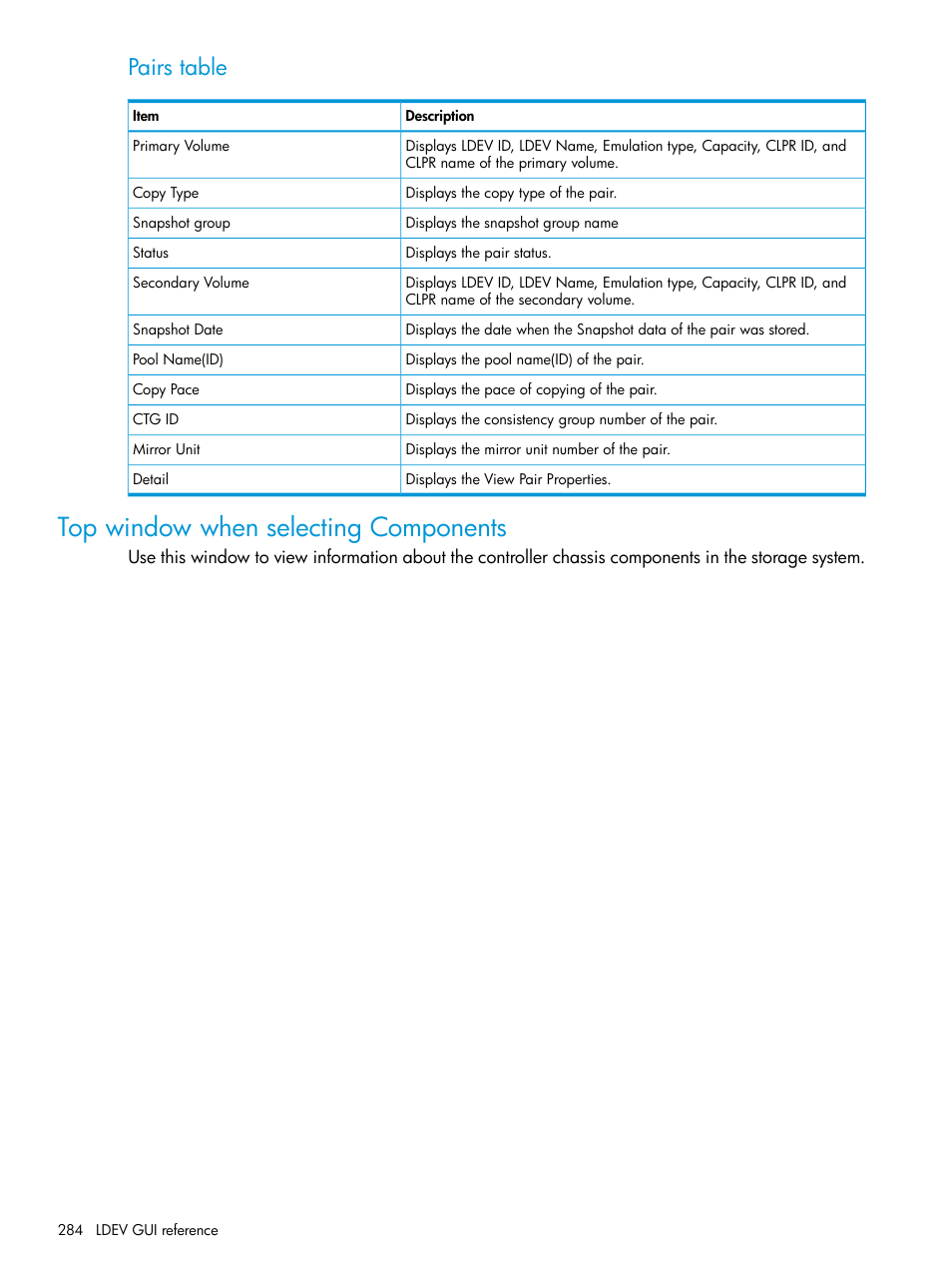 Top window when selecting components, Pairs table | HP XP P9500 Storage User Manual | Page 284 / 438