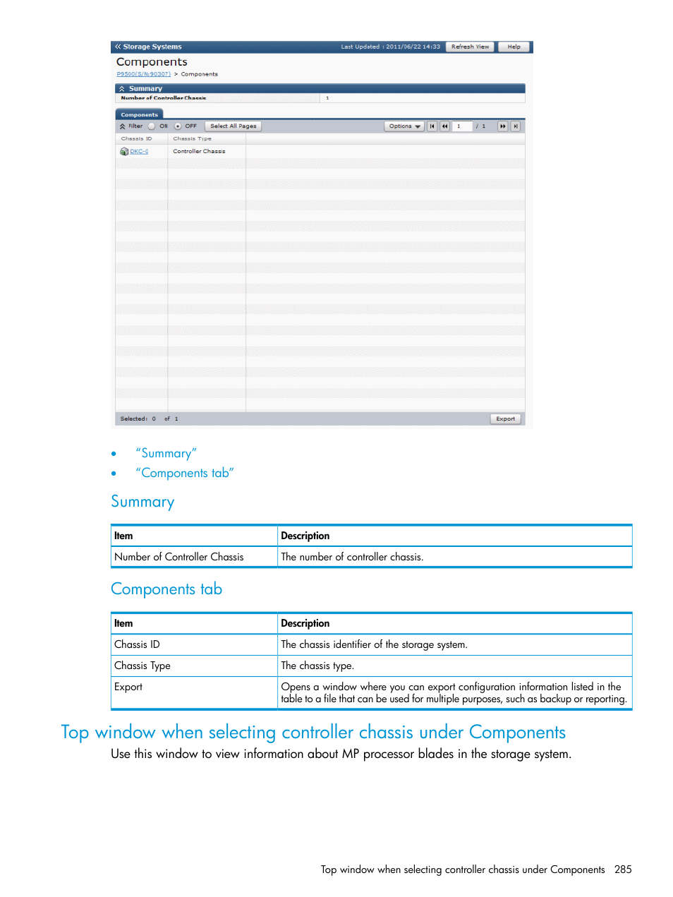 Summary, Components tab | HP XP P9500 Storage User Manual | Page 285 / 438