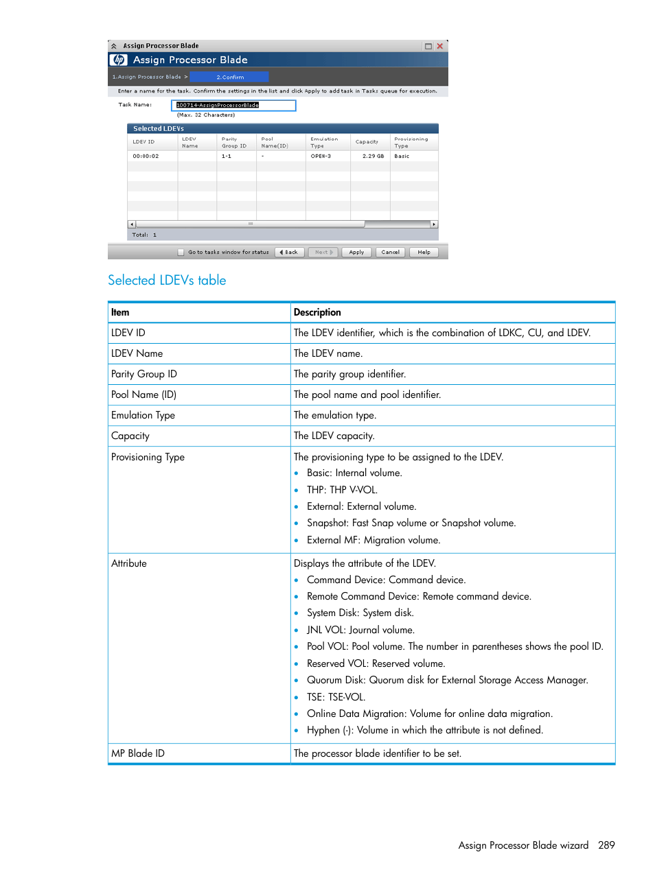 Selected ldevs table | HP XP P9500 Storage User Manual | Page 289 / 438