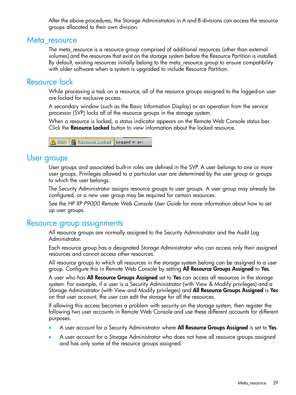 Meta_resource, Resource lock, User groups | Resource group assignments | HP XP P9500 Storage User Manual | Page 29 / 438