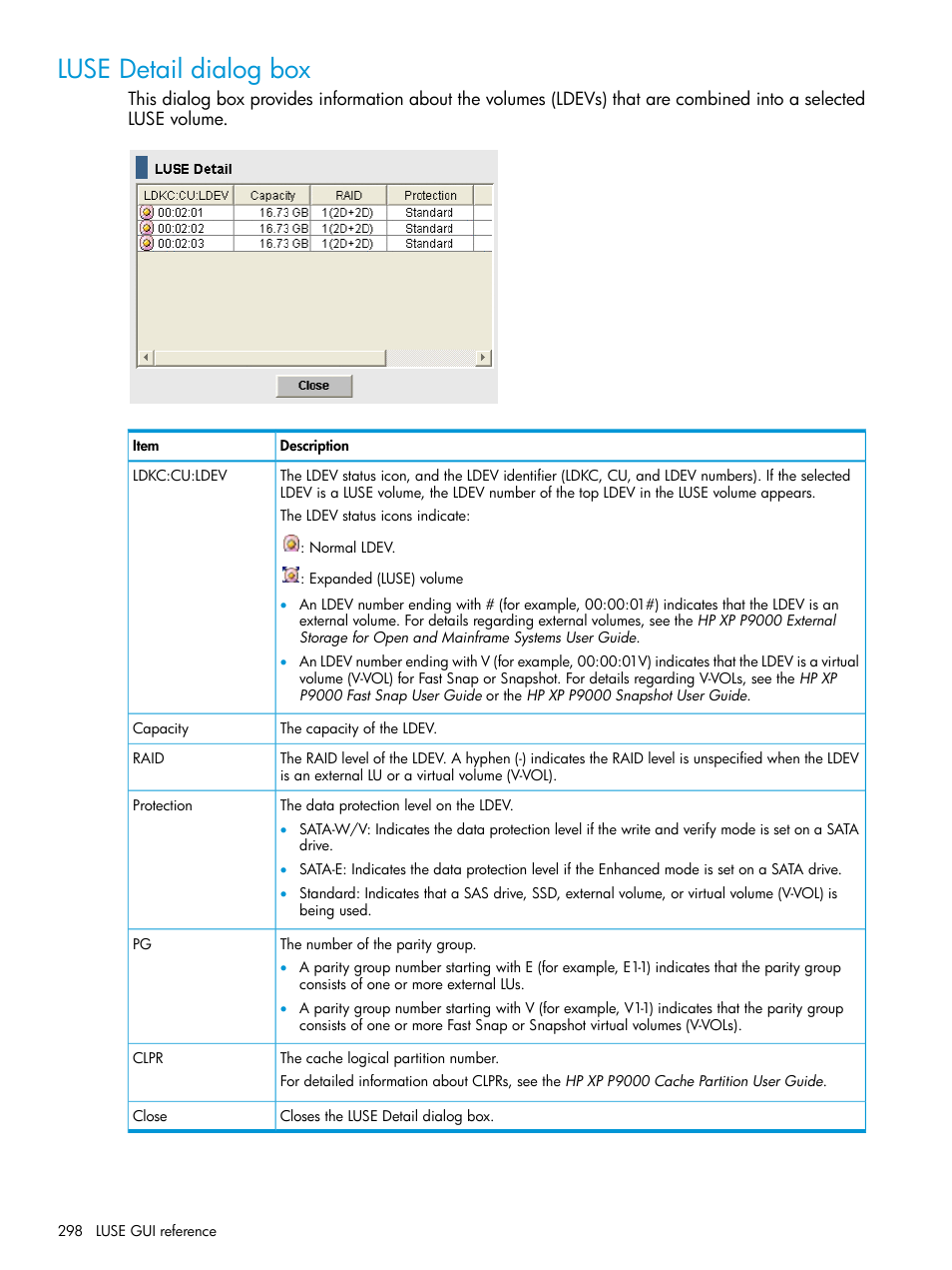 Luse detail dialog box | HP XP P9500 Storage User Manual | Page 298 / 438