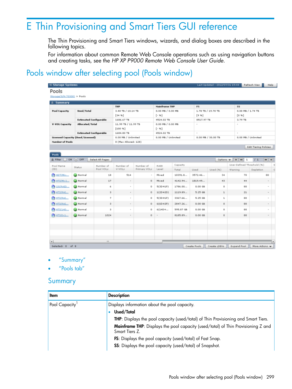 E thin provisioning and smart tiers gui reference, Pools window after selecting pool (pools window), Summary | HP XP P9500 Storage User Manual | Page 299 / 438