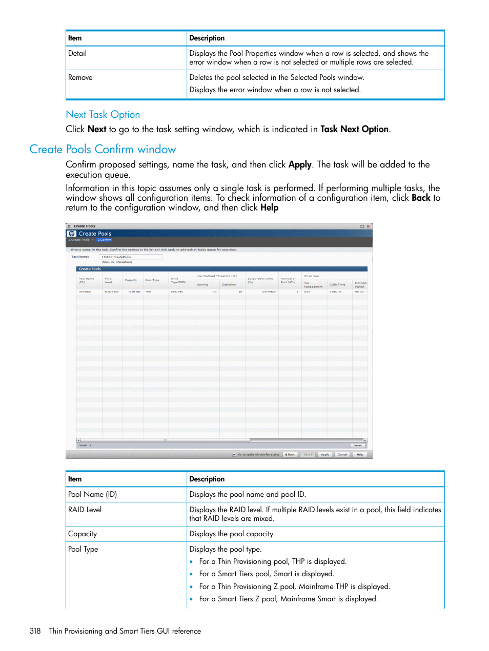 Create pools confirm window, Next task option | HP XP P9500 Storage User Manual | Page 318 / 438