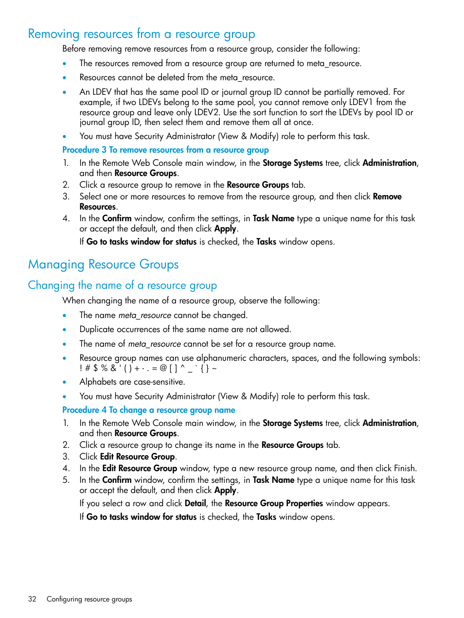 Removing resources from a resource group, Managing resource groups, Changing the name of a resource group | HP XP P9500 Storage User Manual | Page 32 / 438