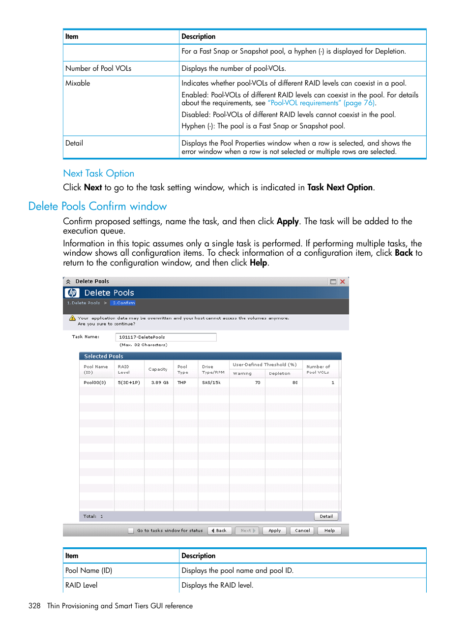 Delete pools confirm window, Next task option | HP XP P9500 Storage User Manual | Page 328 / 438
