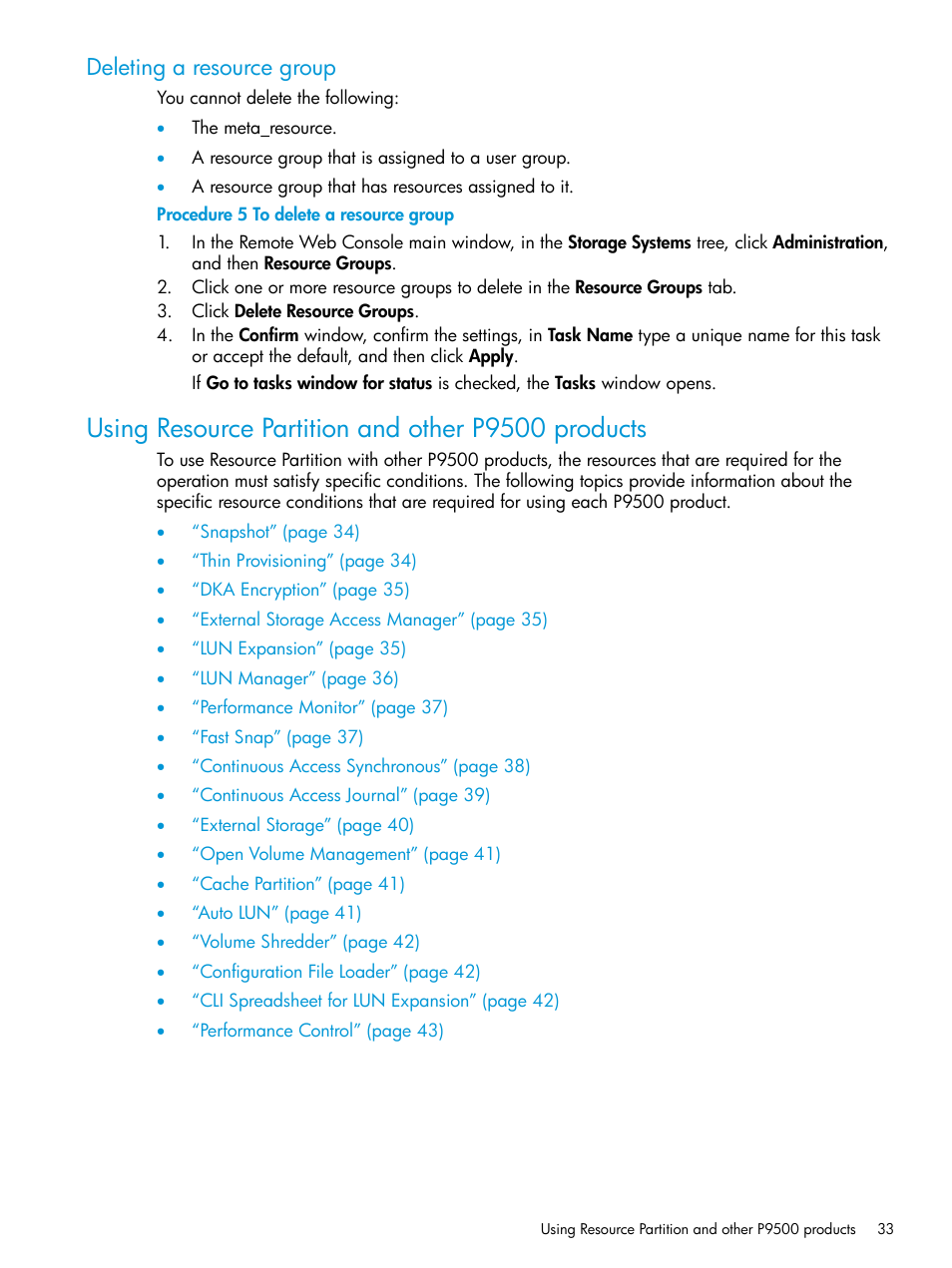 Deleting a resource group, Using resource partition and other p9500 products | HP XP P9500 Storage User Manual | Page 33 / 438