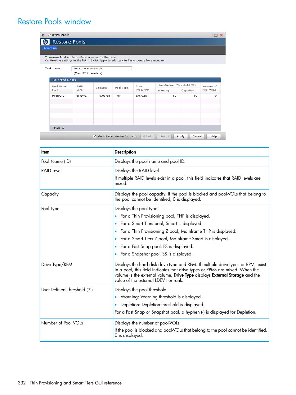 Restore pools window | HP XP P9500 Storage User Manual | Page 332 / 438