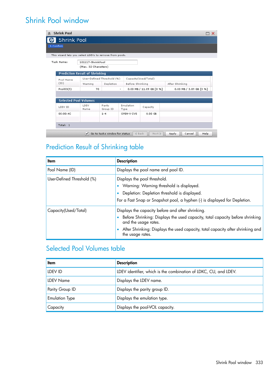 Shrink pool window, Prediction result of shrinking table, Selected pool volumes table | HP XP P9500 Storage User Manual | Page 333 / 438