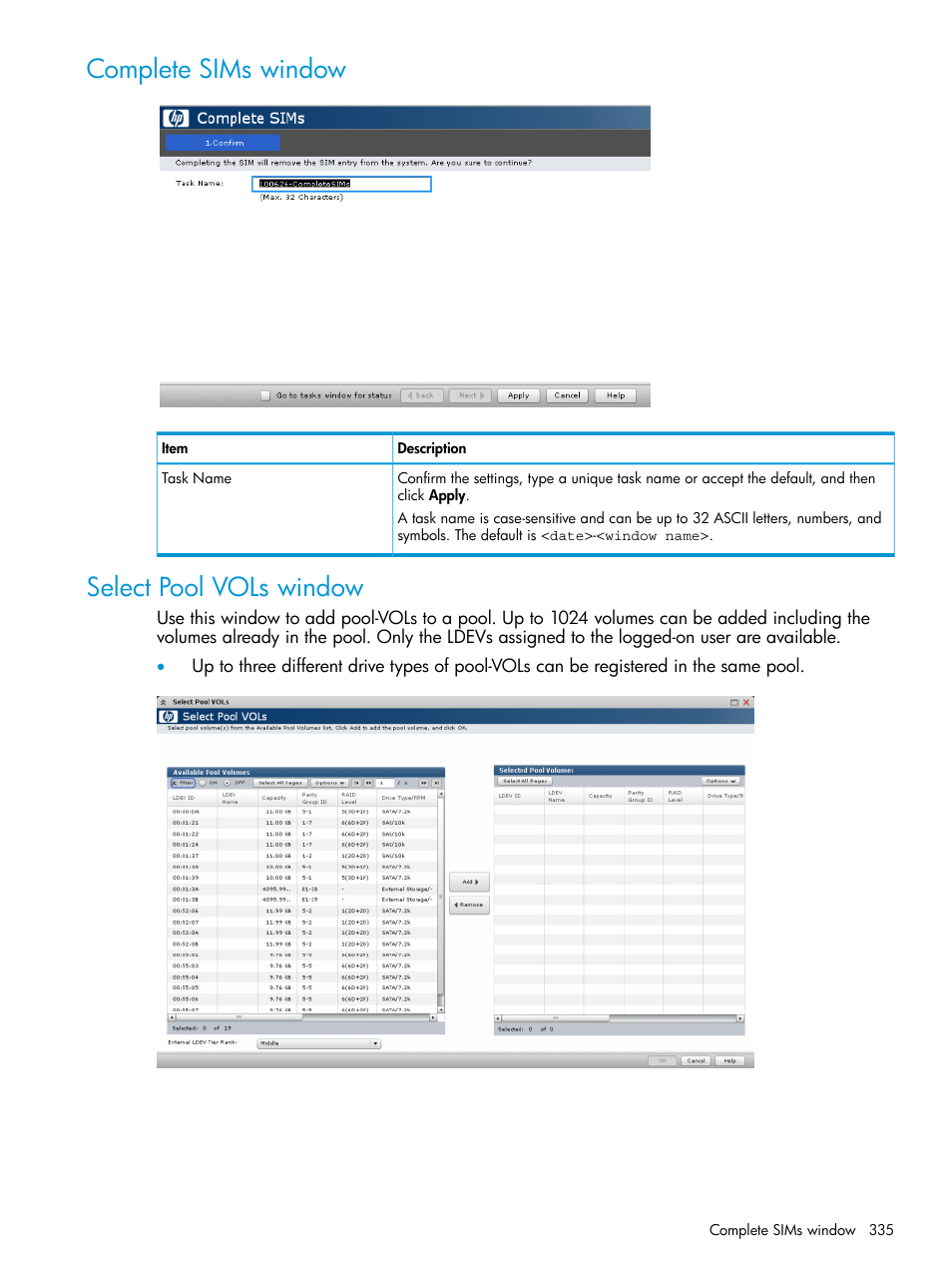 Complete sims window, Select pool vols window, Complete sims window select pool vols window | HP XP P9500 Storage User Manual | Page 335 / 438