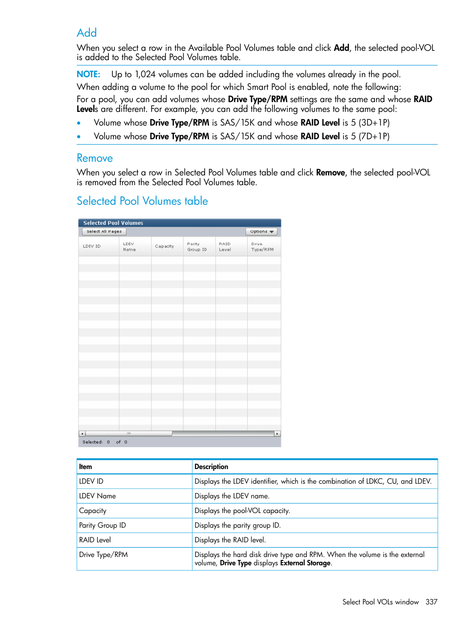Remove, Selected pool volumes table | HP XP P9500 Storage User Manual | Page 337 / 438