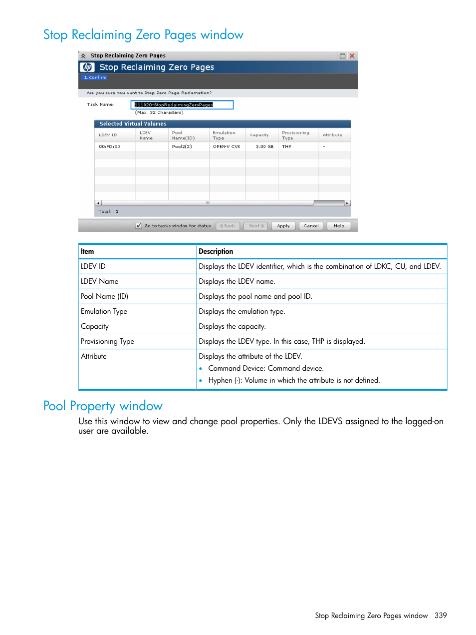 Pool property window, Stop reclaiming zero pages window | HP XP P9500 Storage User Manual | Page 339 / 438