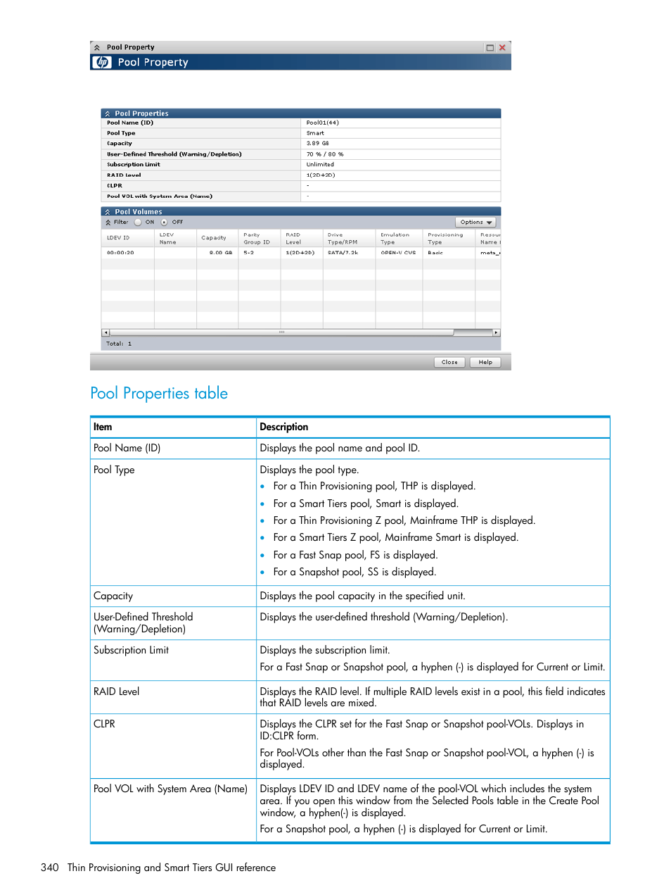 Pool properties table | HP XP P9500 Storage User Manual | Page 340 / 438