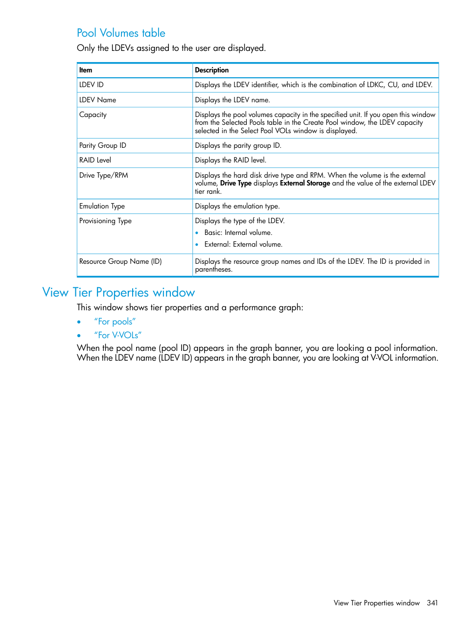 View tier properties window, Pool volumes table | HP XP P9500 Storage User Manual | Page 341 / 438
