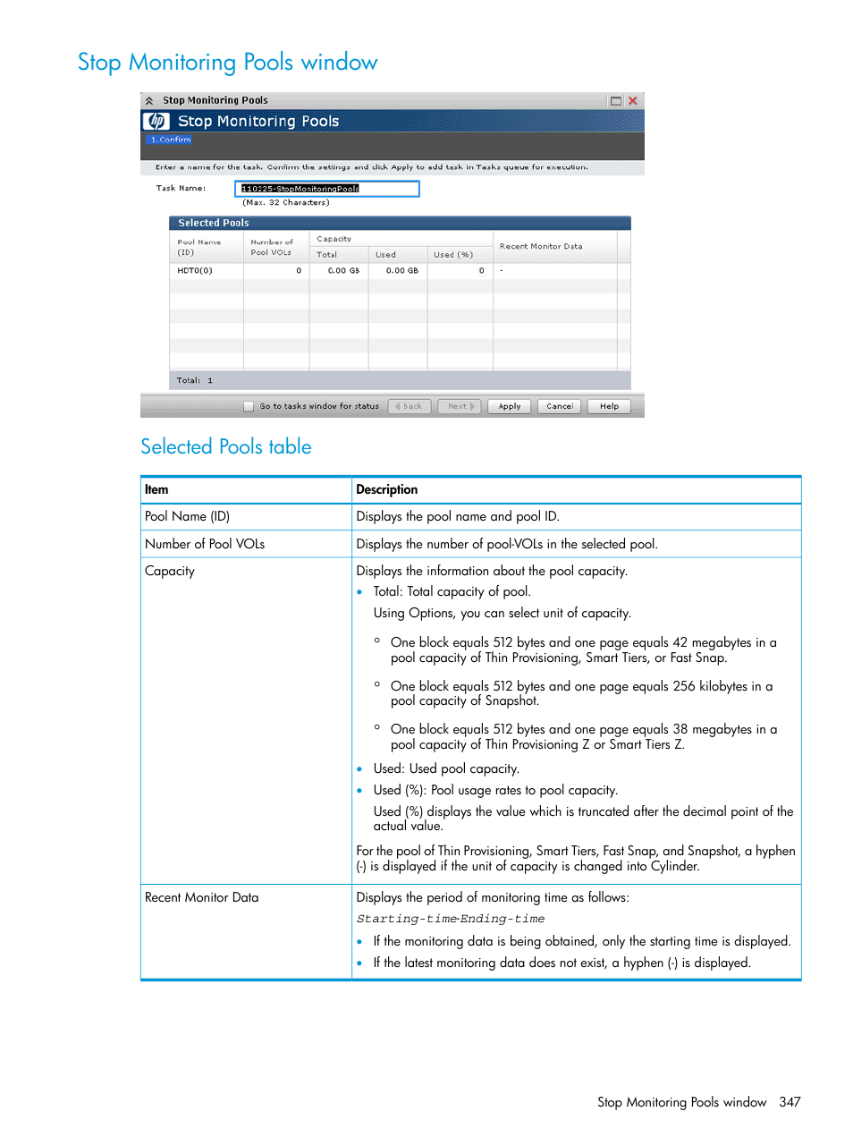 Stop monitoring pools window, Selected pools table | HP XP P9500 Storage User Manual | Page 347 / 438