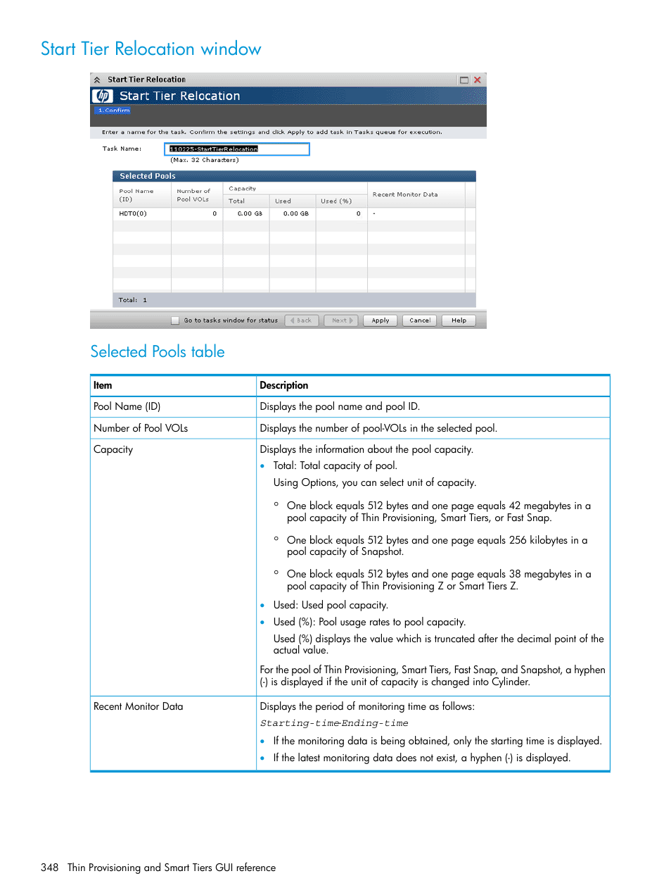 Start tier relocation window, Selected pools table | HP XP P9500 Storage User Manual | Page 348 / 438