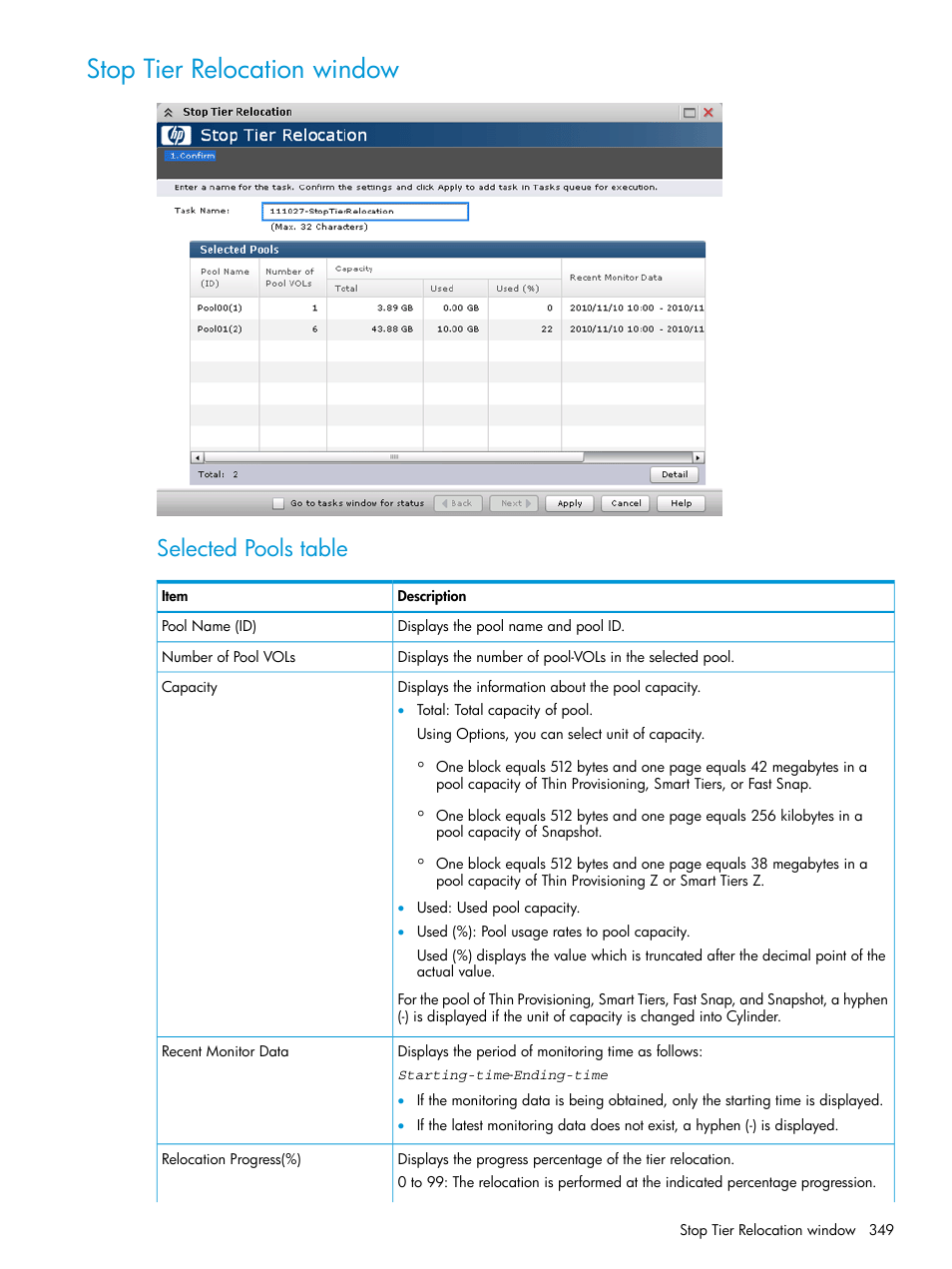 Stop tier relocation window, Selected pools table | HP XP P9500 Storage User Manual | Page 349 / 438