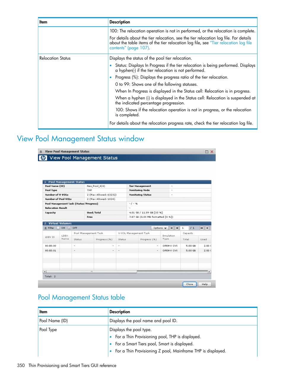 View pool management status window, View pool management status, View | Pool management status table | HP XP P9500 Storage User Manual | Page 350 / 438