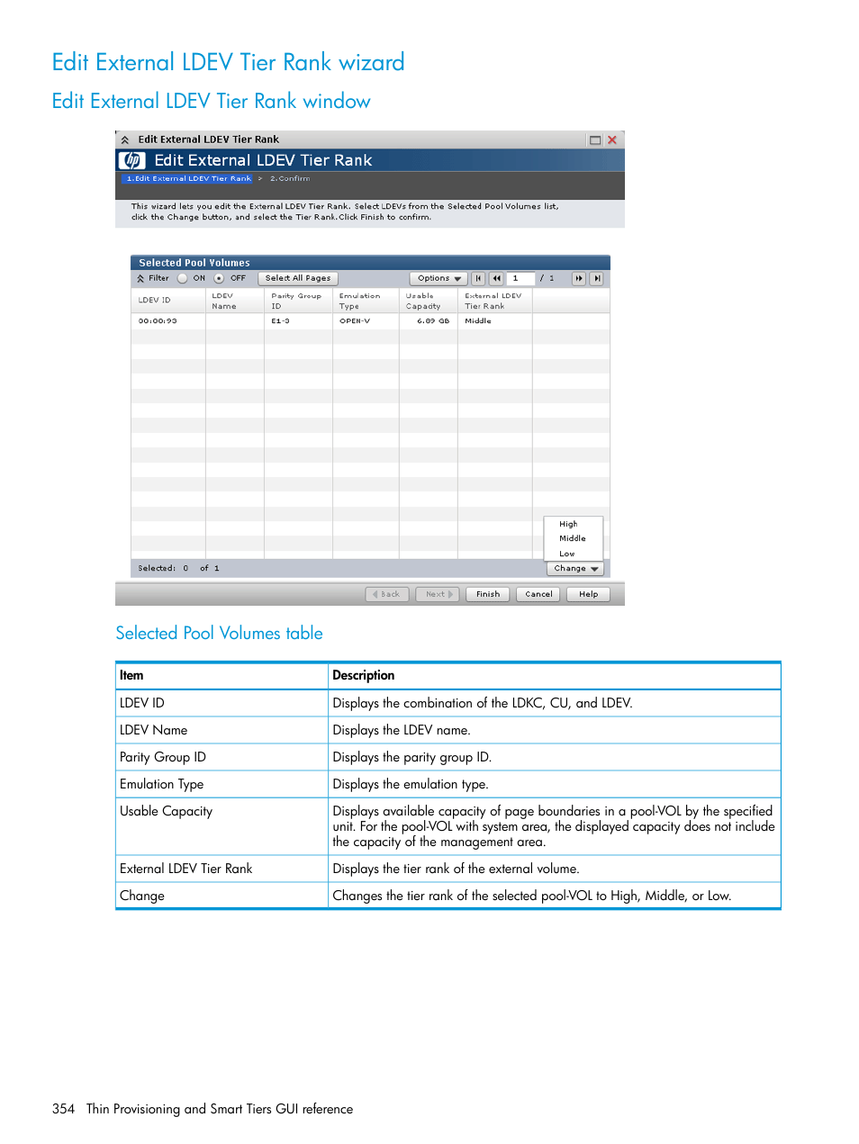 Edit external ldev tier rank wizard, Edit external ldev tier rank window, Selected pool volumes table | HP XP P9500 Storage User Manual | Page 354 / 438