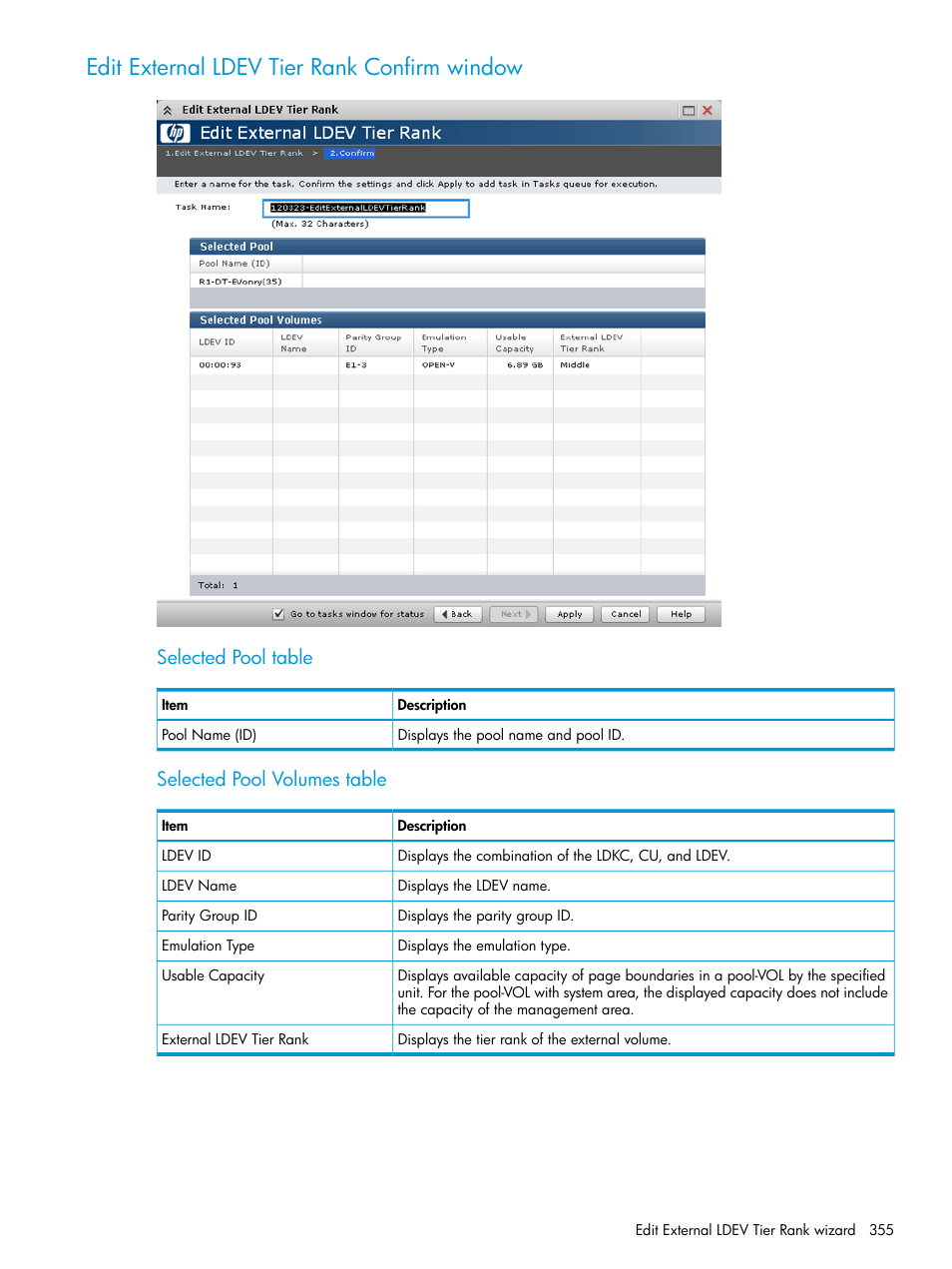 Edit external ldev tier rank confirm window, Selected pool table, Selected pool volumes table | HP XP P9500 Storage User Manual | Page 355 / 438