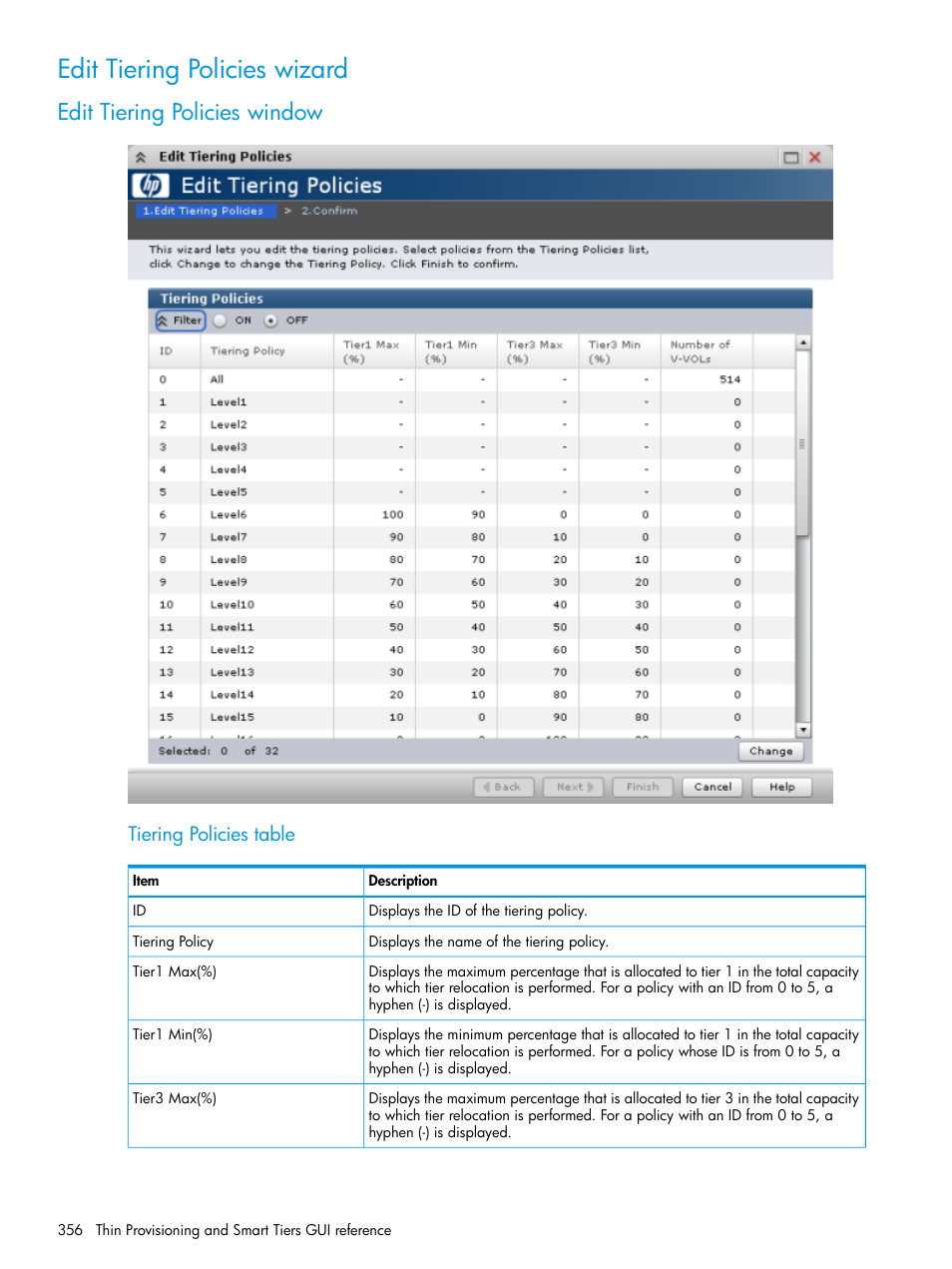 Edit tiering policies wizard, Edit tiering policies window, Tiering policies table | HP XP P9500 Storage User Manual | Page 356 / 438