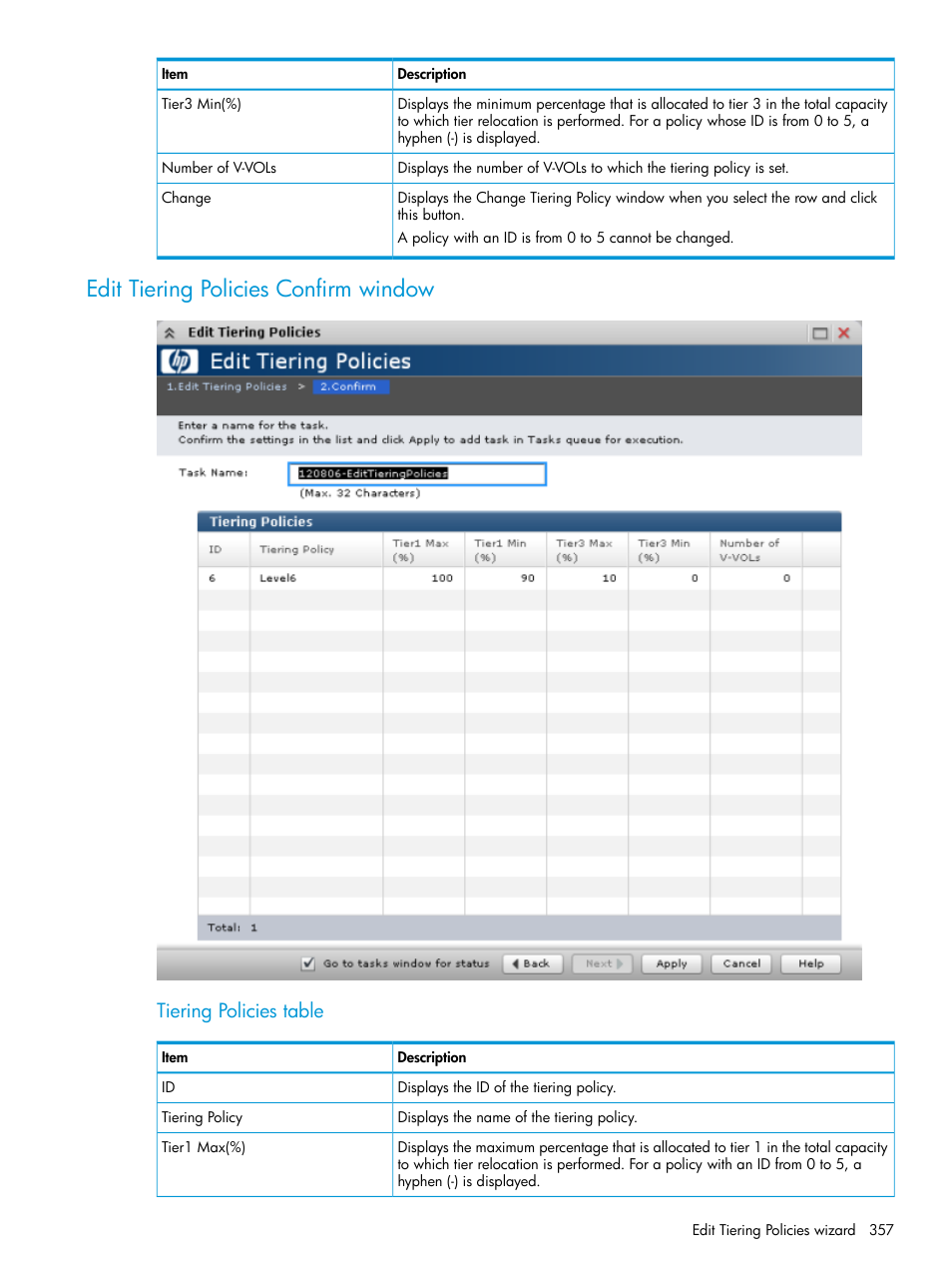 Edit tiering policies confirm window, Tiering policies table | HP XP P9500 Storage User Manual | Page 357 / 438