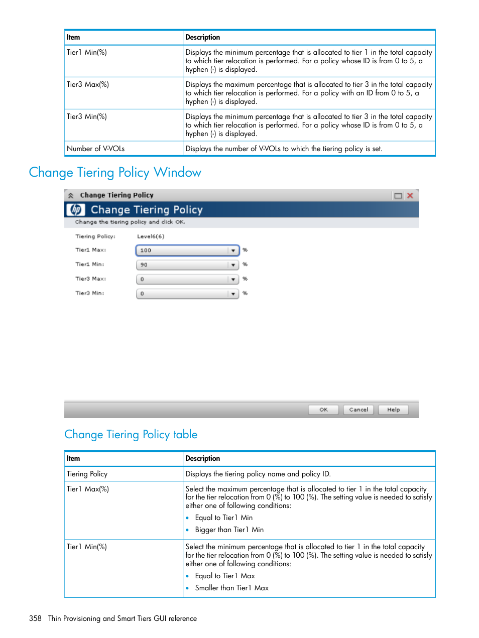 Change tiering policy window, Change tiering policy table | HP XP P9500 Storage User Manual | Page 358 / 438