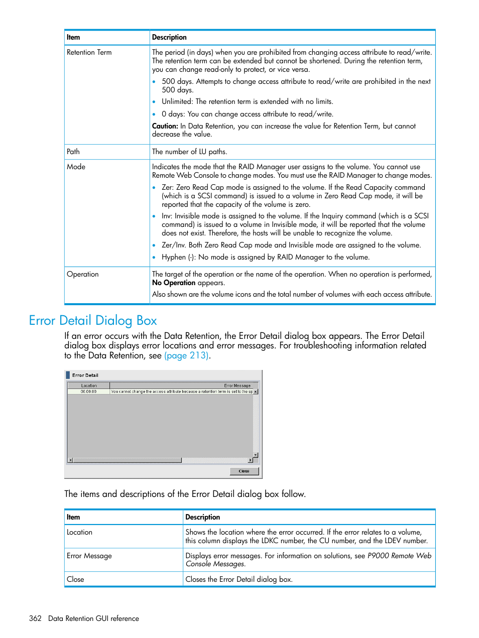 Error detail dialog box | HP XP P9500 Storage User Manual | Page 362 / 438