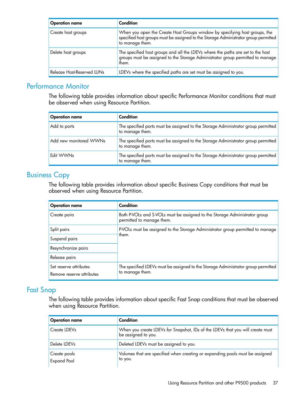 Performance monitor, Business copy, Fast snap | Performance monitor business copy fast snap | HP XP P9500 Storage User Manual | Page 37 / 438