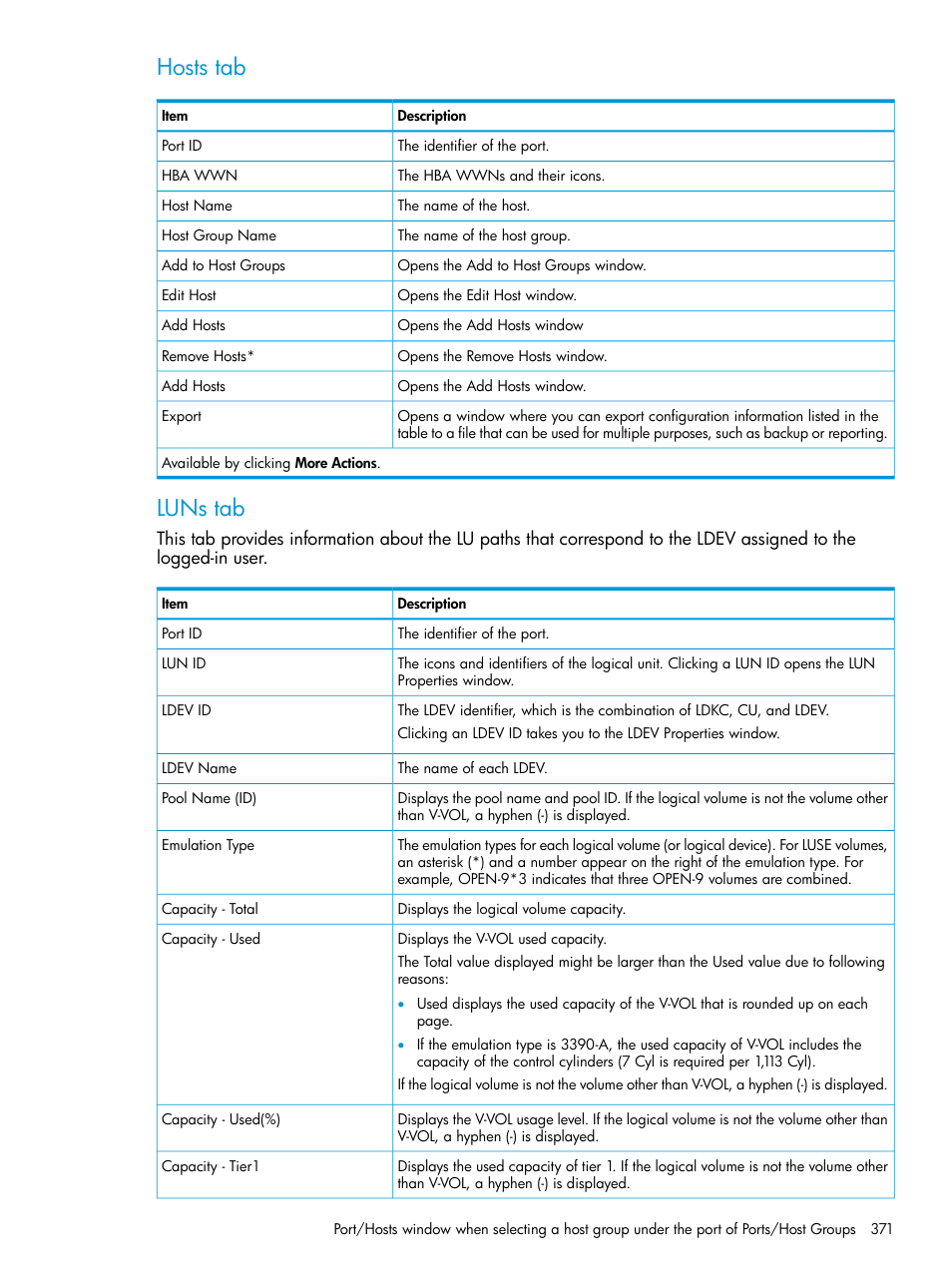Hosts tab, Luns tab | HP XP P9500 Storage User Manual | Page 371 / 438