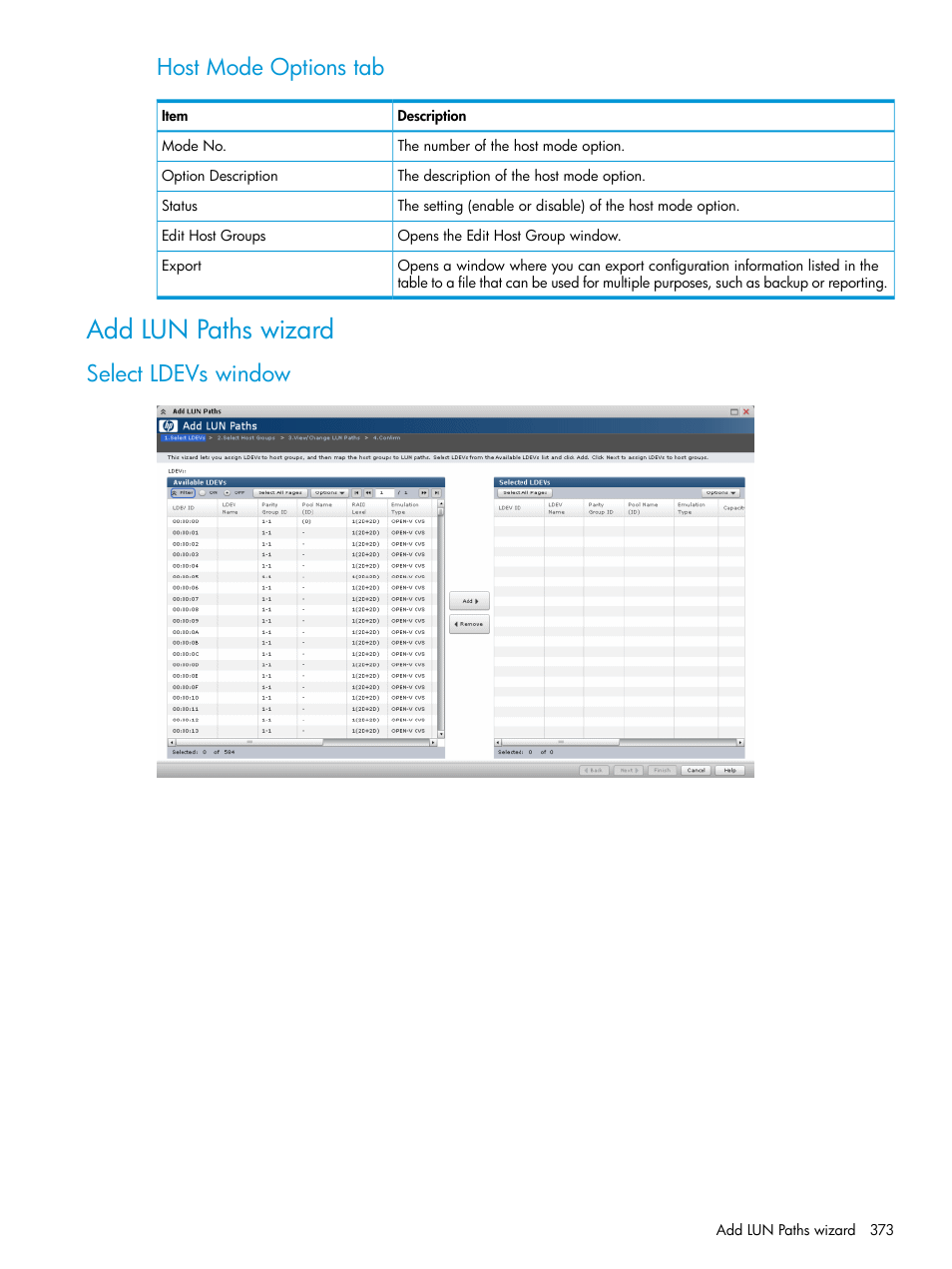 Add lun paths wizard, Select ldevs window, Host mode options tab | HP XP P9500 Storage User Manual | Page 373 / 438