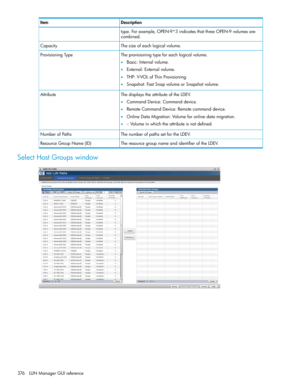 Select host groups window | HP XP P9500 Storage User Manual | Page 376 / 438