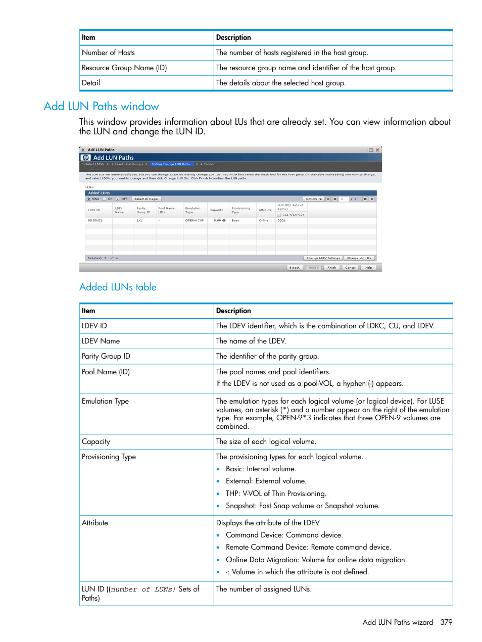 Add lun paths window, Added luns table | HP XP P9500 Storage User Manual | Page 379 / 438