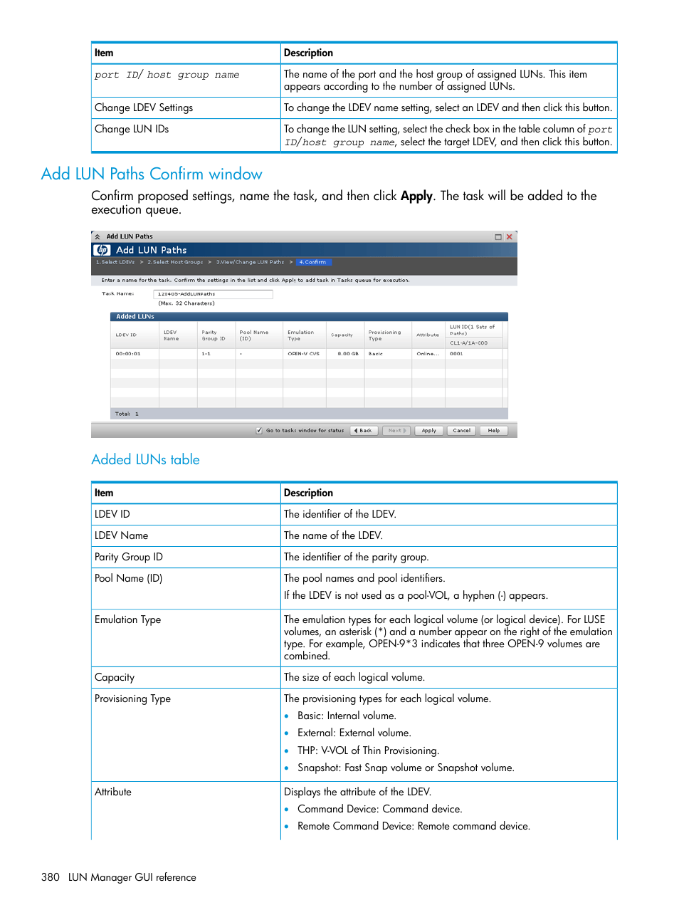 Add lun paths confirm window, Added luns table | HP XP P9500 Storage User Manual | Page 380 / 438