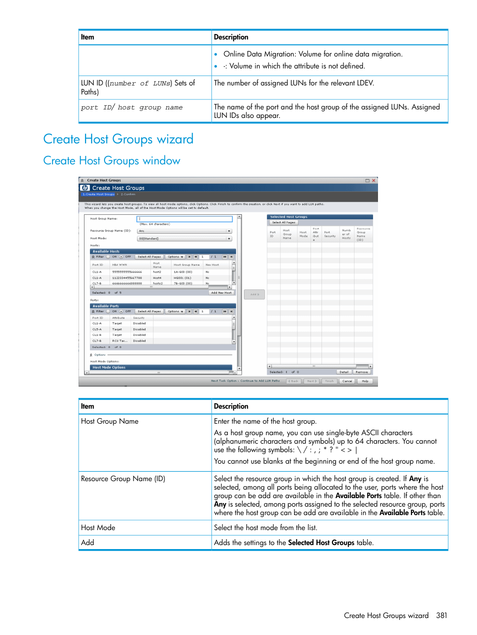 Create host groups wizard, Create host groups window | HP XP P9500 Storage User Manual | Page 381 / 438