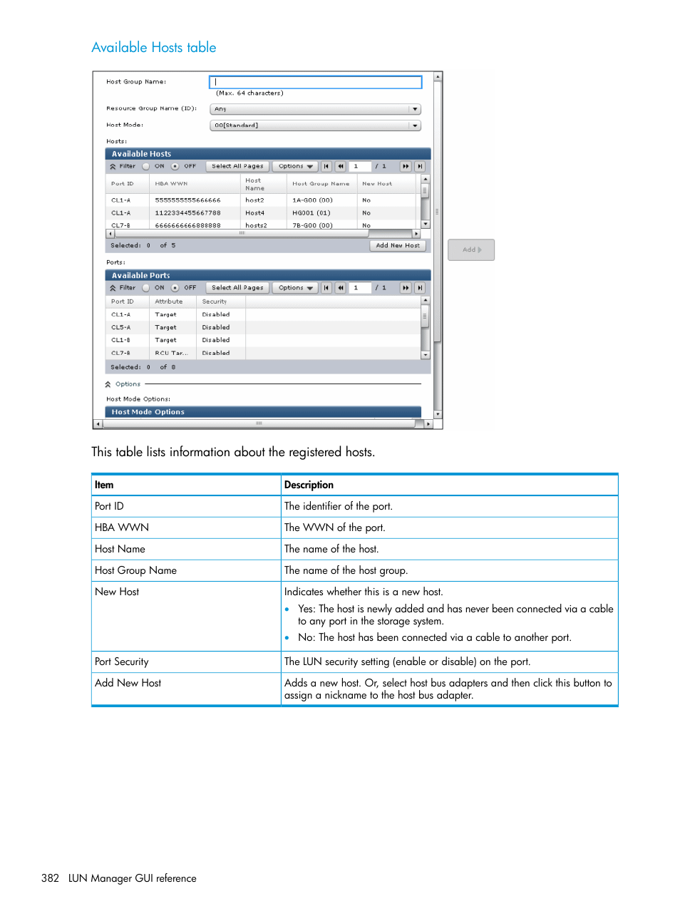 Available hosts table | HP XP P9500 Storage User Manual | Page 382 / 438