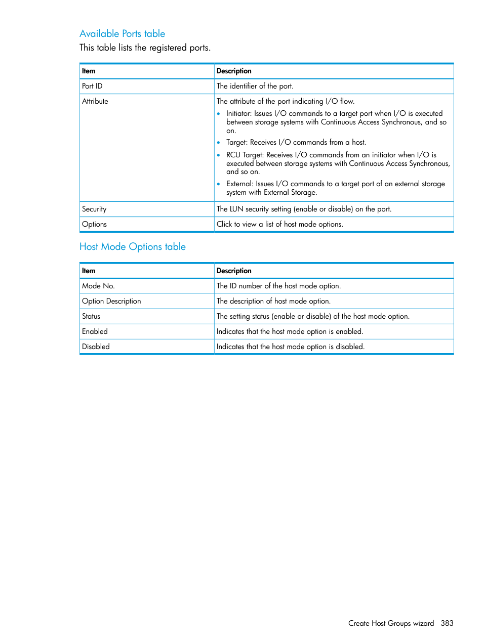 Available ports table, Host mode options table | HP XP P9500 Storage User Manual | Page 383 / 438